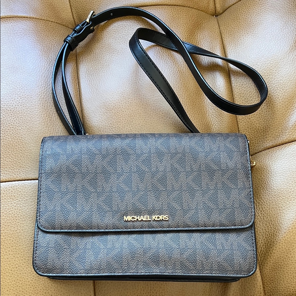 Michael Kors Brown Logo-Print Crossbody with Gold Hardware
